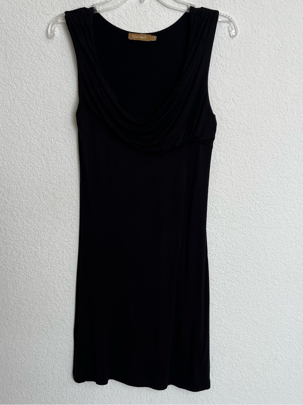 Conbipel Black LBD Sleeveless Draping Neckline Fitted Midi Dress Small